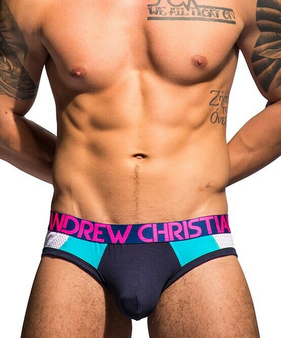 Small Andrew Christian Brief Racer Mesh Briefs Slip Navy Aqua 90700 20