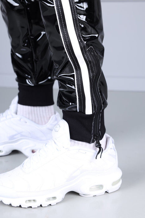 MR. RIEGILLIO PVC Tracksuit Pants 24 Shiny Black With White Piping R1044