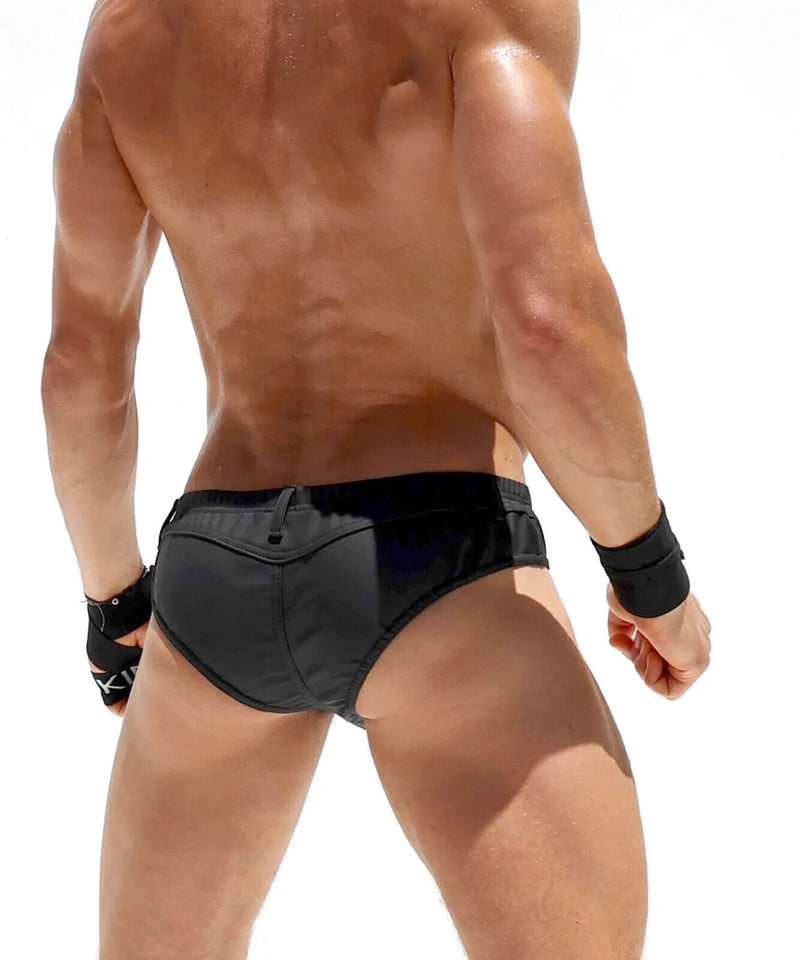 RUFSKIN STUD Briefs Rubberized Matte Black Spandex Back Yoke Faux Fly 24