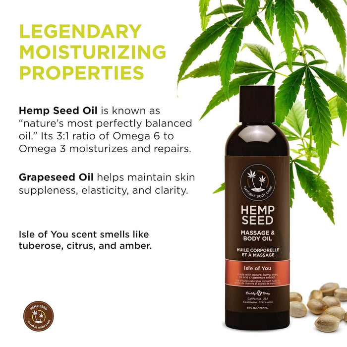 Hemp Seed Massage & Body Oil - 8 fl.oz. Nourishing, Moisturizing Massage Oil