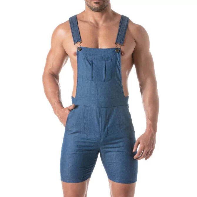 TOF PARIS Singlet Short Lightweight Denim Overalls Shorts Adjustable Straps Blue