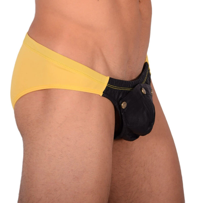 SMU Briefs Rave Peek-a-Boo Removable Leather Pouch Brief Yellow H3A