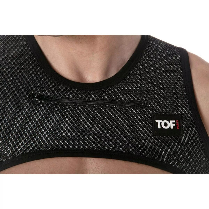 TOF PARIS Zipped Pocket Harness H-Shaped 3D Mesh Crop-Top in Black/Grey 51