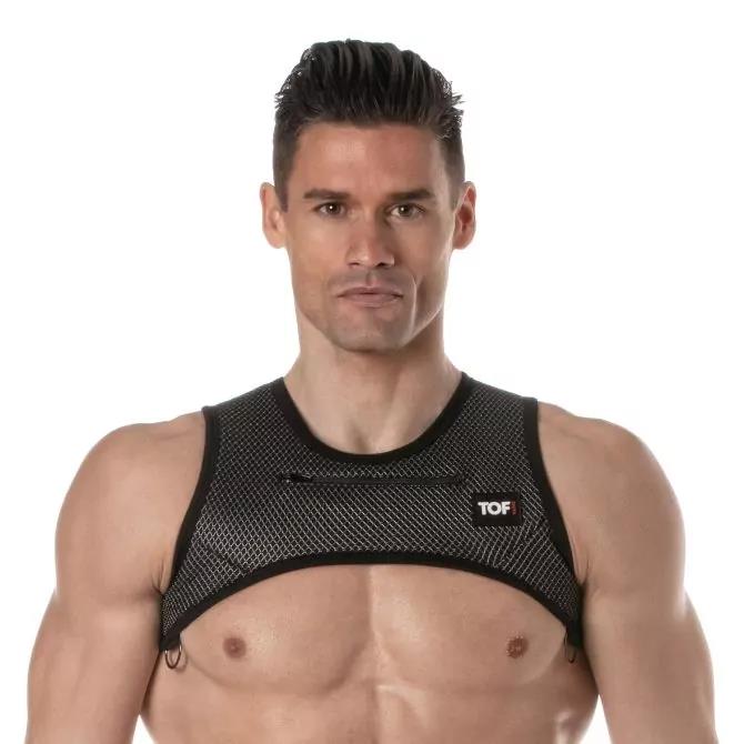 TOF PARIS Zipped Pocket Harness H-Shaped 3D Mesh Crop-Top in Black/Grey 51