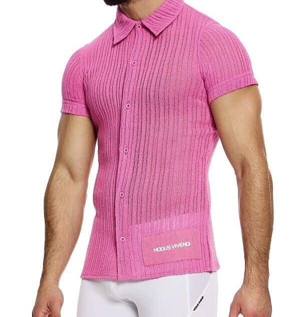 MODUS VIVENDI Striped Crochet Shirt Knitted Muscle Fit Chemise Pink 07441 B90