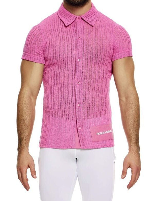 MODUS VIVENDI Striped Crochet Shirt Knitted Muscle Fit Chemise Pink 07441 B90