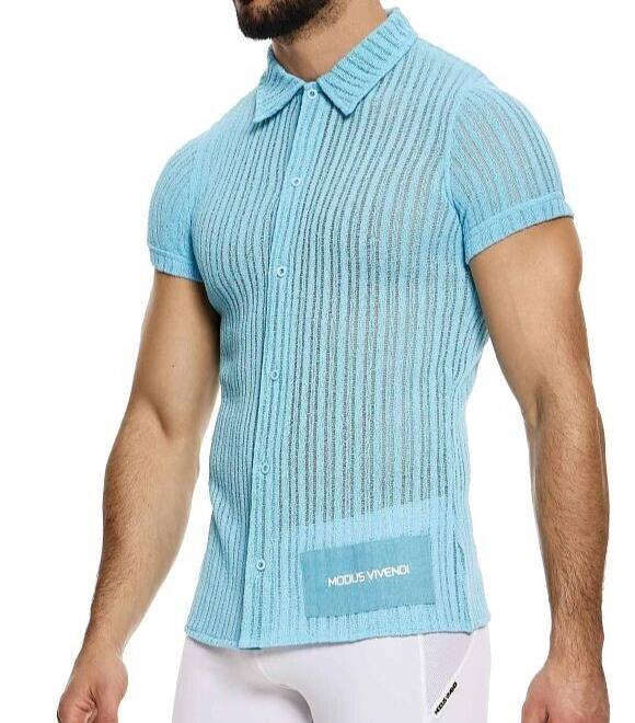 MODUS VIVENDI Muscle Fit Striped Crochet Shirt Knitted Chemise Light Blue 07441