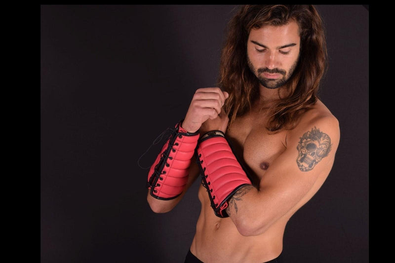 SMU Forearm Pairs Gauntlet Leather Handmade Aviator Laced Guard Wallet Red S/M