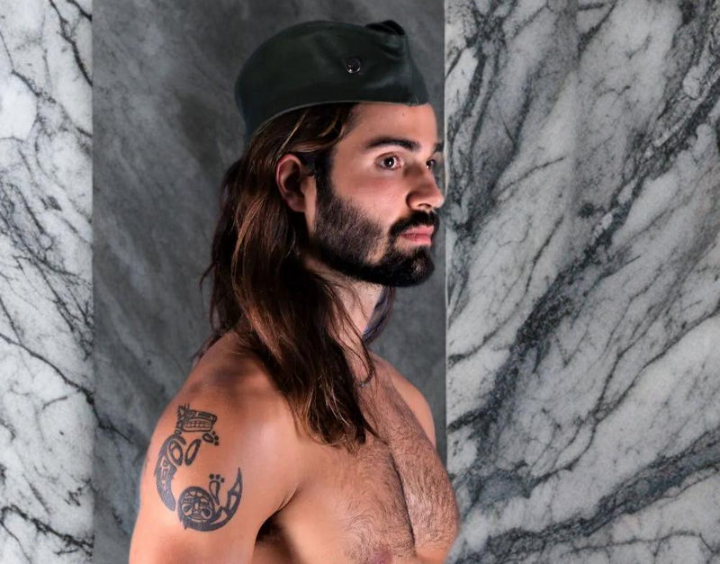 SMU Handmade Quality Leather Skin Garrison Cap Kepi in Olive 2