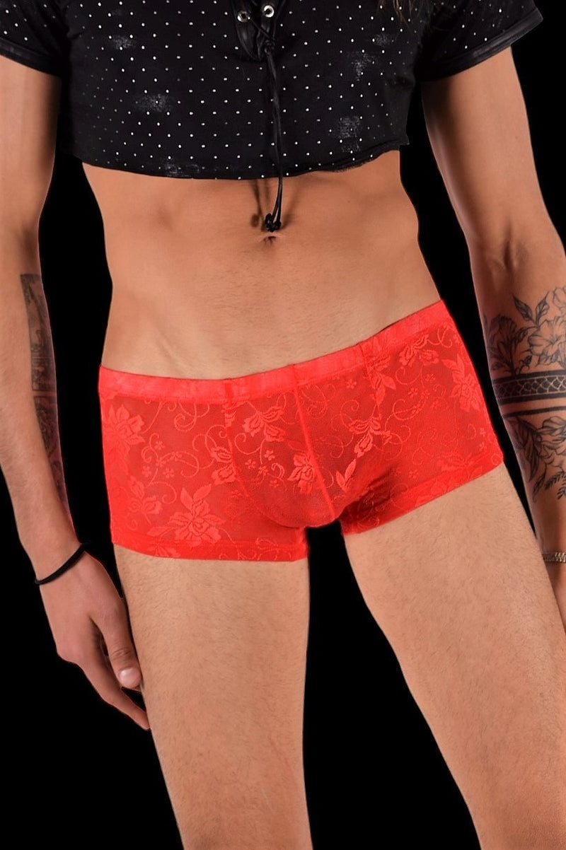 SMU Boxer Aristocrat Lace Sheer Mini Hipster Red 100705 H53