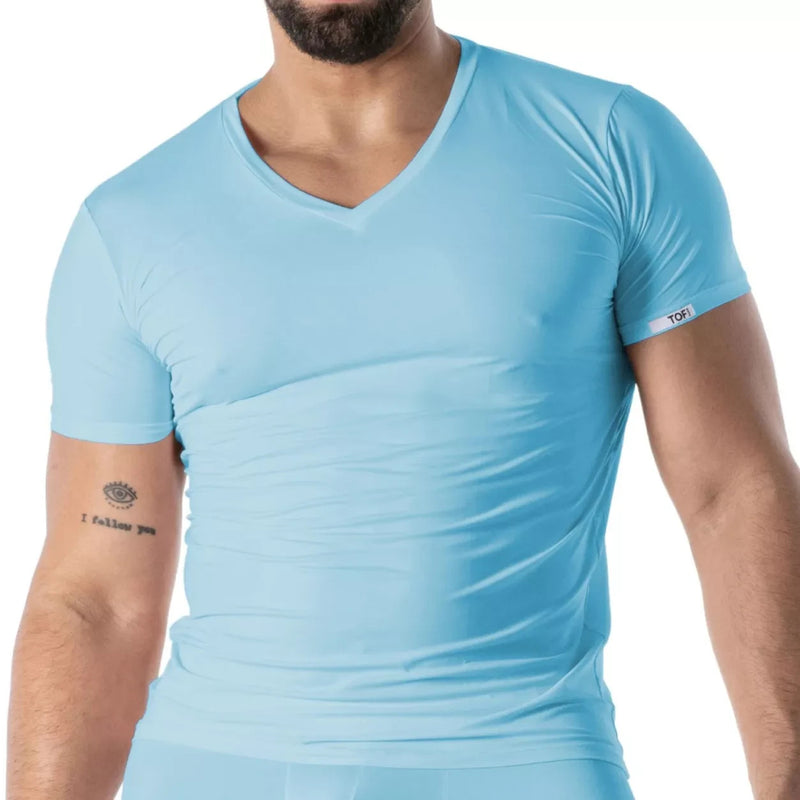 TOF PARIS Mon Amour Microfiber T-Shirt Fitted Cut V-Neck Shirts Blue 56