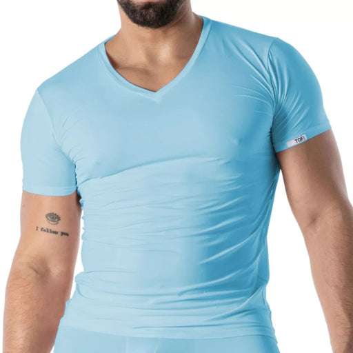 TOF PARIS Mon Amour Microfiber T-Shirt Fitted Cut V-Neck Shirts Blue 56