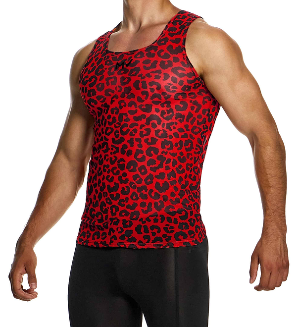 MODUS VIVENDI Leopard Mesh Tank Top Stretch Velvet-Touch Fabric in Red 15431 79A
