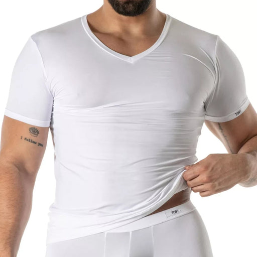 TOF PARIS Mon Amour Microfiber T-Shirt Lightweight V-Neck Shirts in White 56