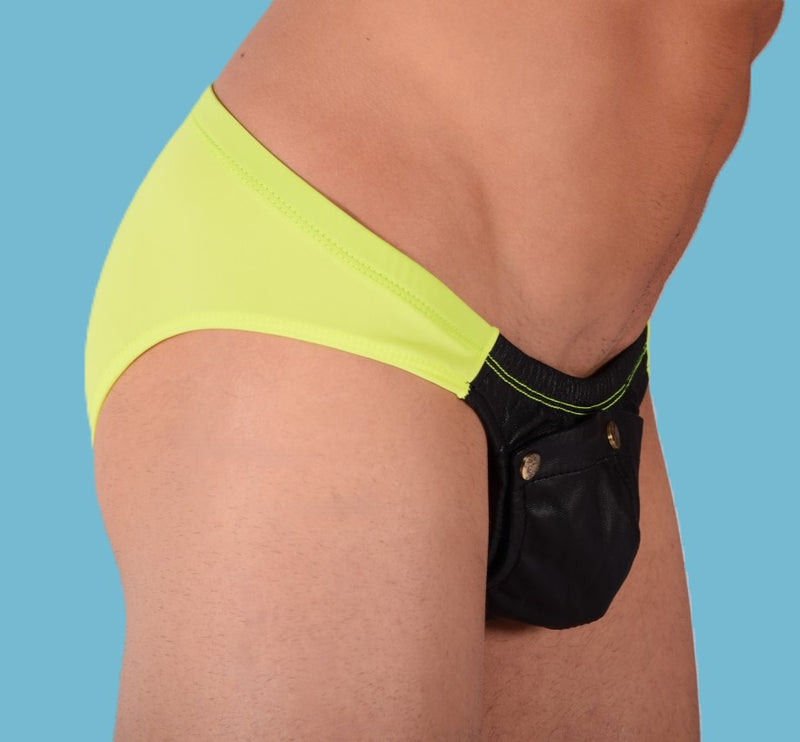 SMU Briefs Rave Peekaboo Removable Leather Pouch Brief Neon Lime H5