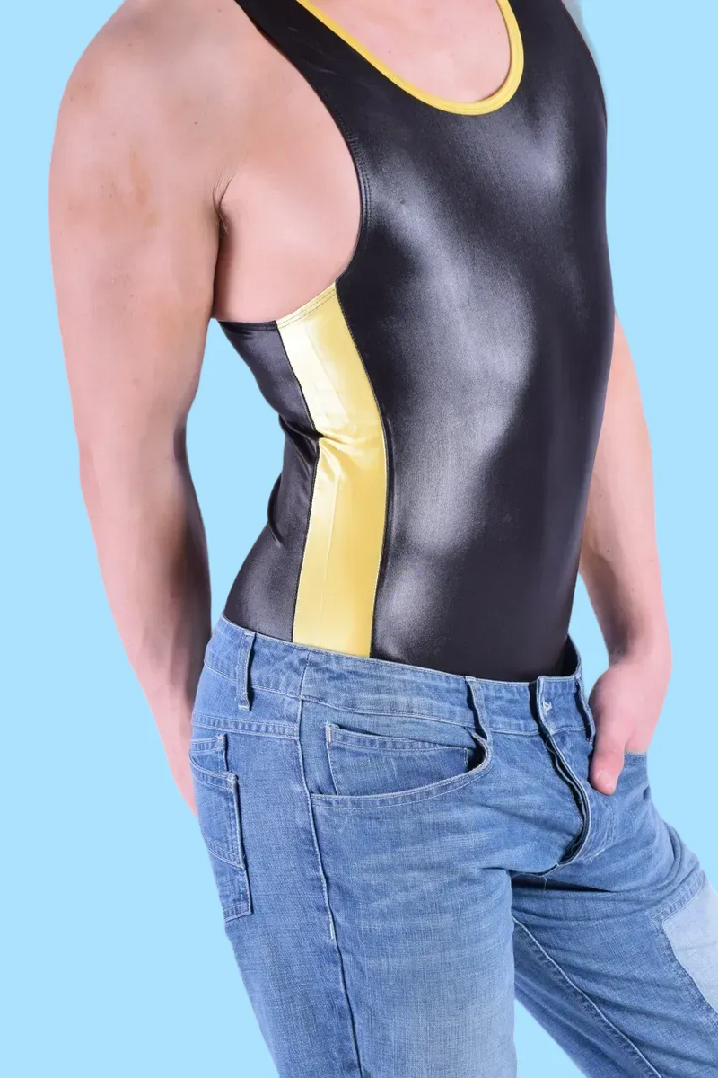 SMU Fashion WETLOOK Bodysuit Sensual Singlet Black Yellow 101 MX21