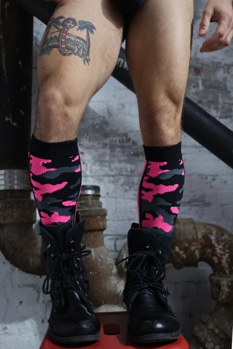 BREEDWELL Neo-Camo Socks Chevron Knee High Long Sock Neon Pink