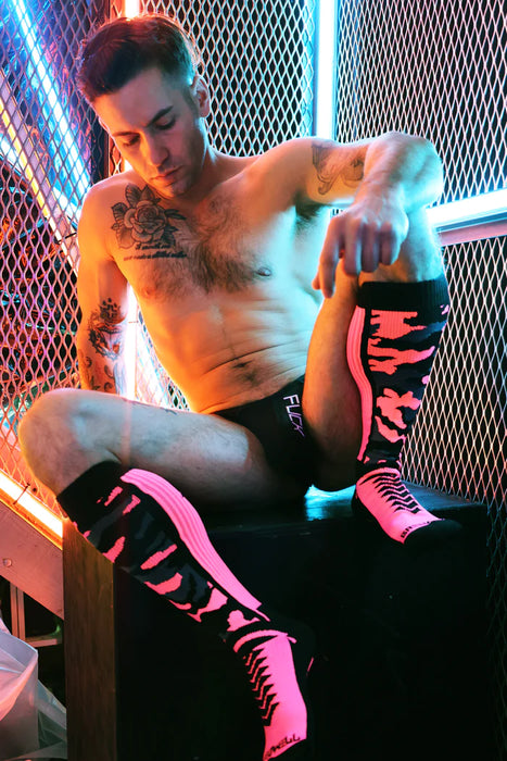 BREEDWELL Neo-Camo Socks Chevron Knee High Long Sock Neon Pink