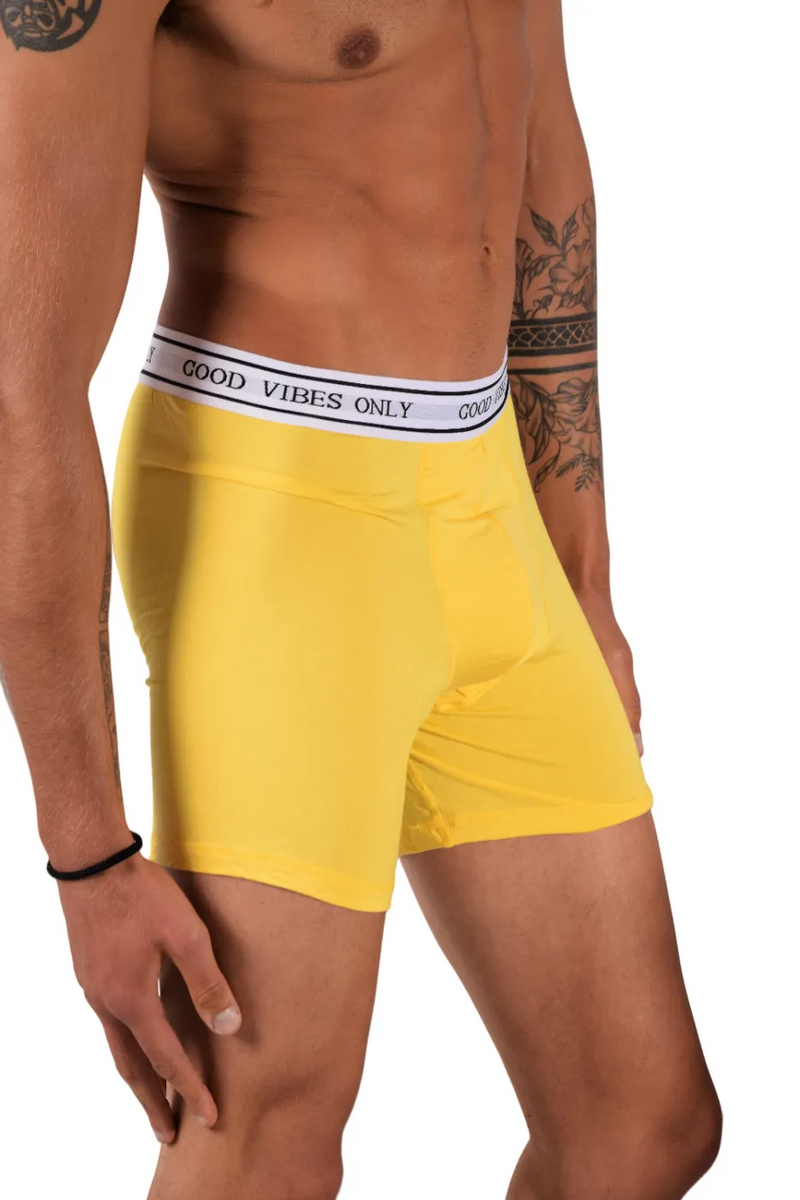 POP Underwear Bamboo Boxer Long Hypoallergenic " GOOD VIBES ONLY " Yellow 1