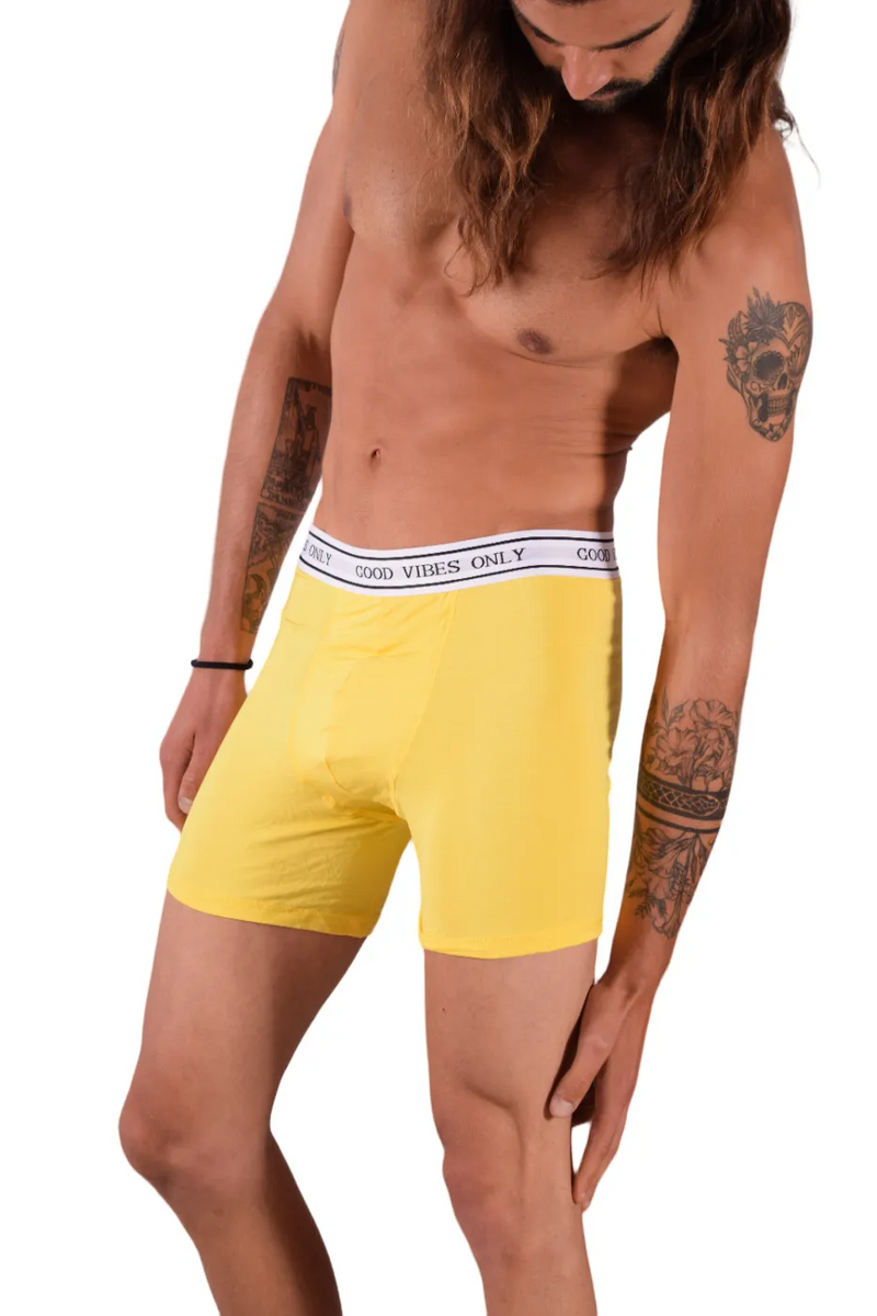 POP Underwear Bamboo Boxer Long Hypoallergenic " GOOD VIBES ONLY " Yellow 1