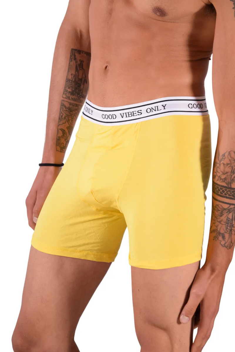 POP Underwear Bamboo Boxer Long Hypoallergenic " GOOD VIBES ONLY " Yellow 1