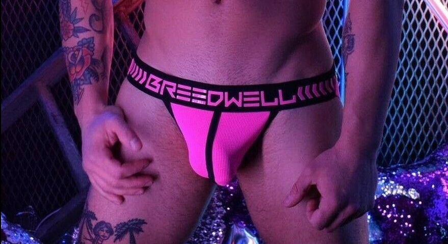 BREEDWELL JOCK ''NIGHTCRAWLER'' Men Jockstrap PVC Logo Mesh Pouch Neon Pink 18