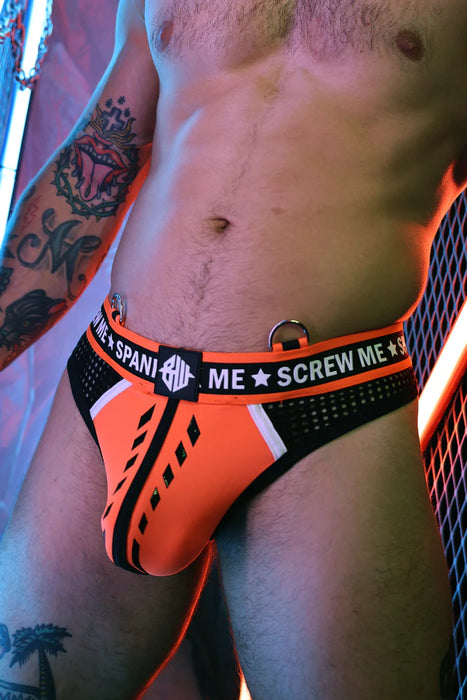 BREEDWELL Snax Thong Flex Mesh 3-D Rubberized Text Neon Orange 16