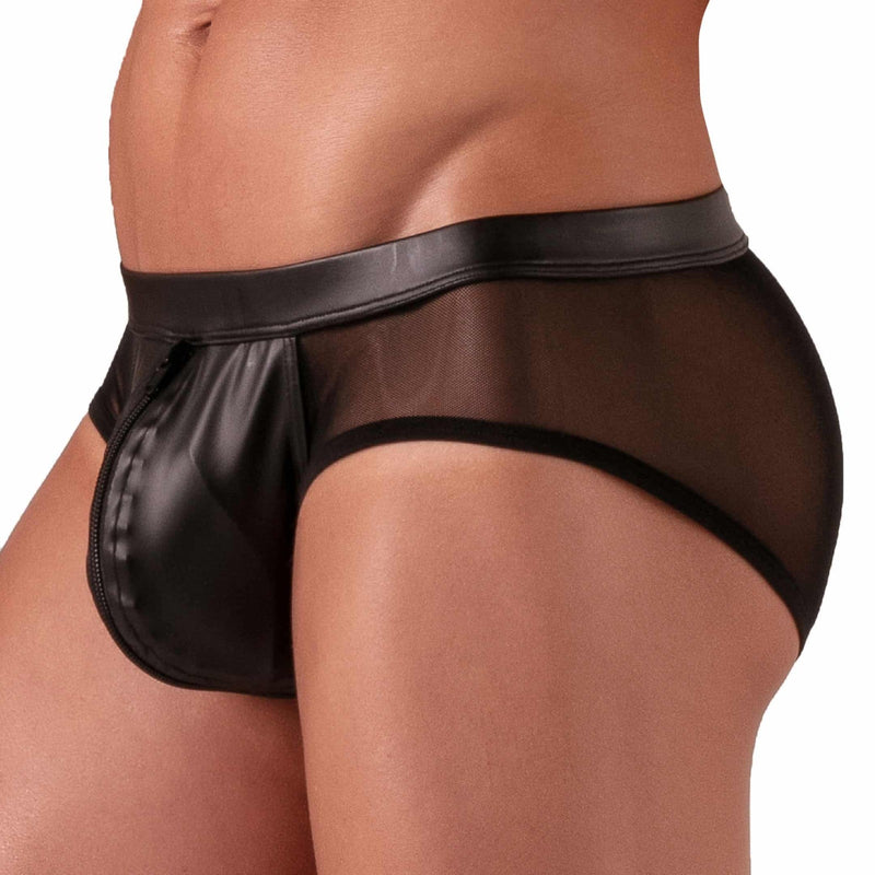 Absolu Male by TOF Rebel Zipped Briefs Mesh in Faux - Leather Black 21