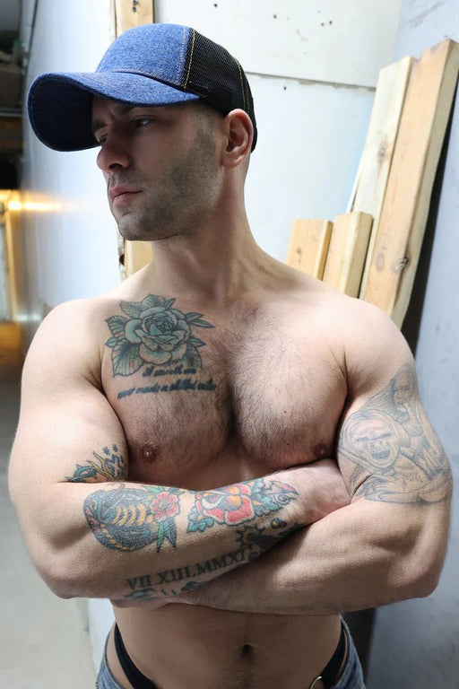 BREEDWELL Cap Loaded Denim Trucker Hat Cooler Mesh in Dark Stonewall Wash1