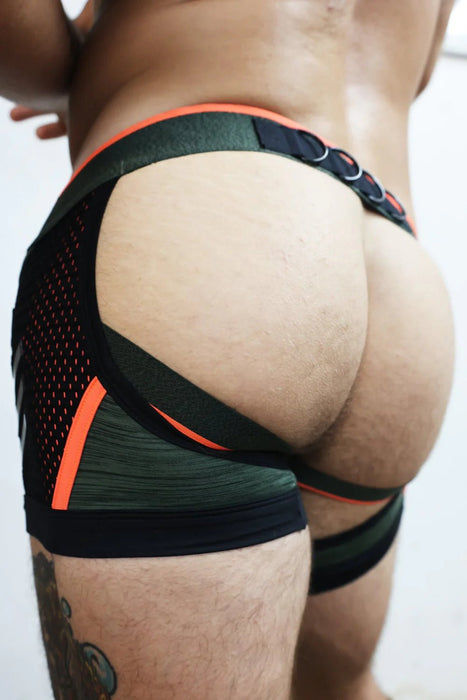 BREEDWELL Cockpit Backless Boxer Chock Jock - Chaps Trio Army Green/Orange 26 - SexyMenUnderwear.com