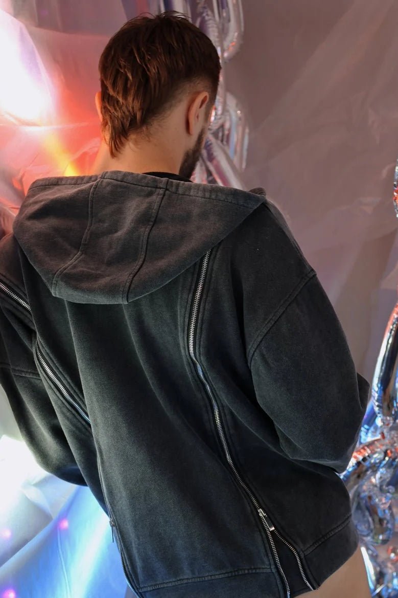 BREEDWELL Darkroom Hoodie Unique Zippers Heavy - Weight Knit Cotton Vest in Black7