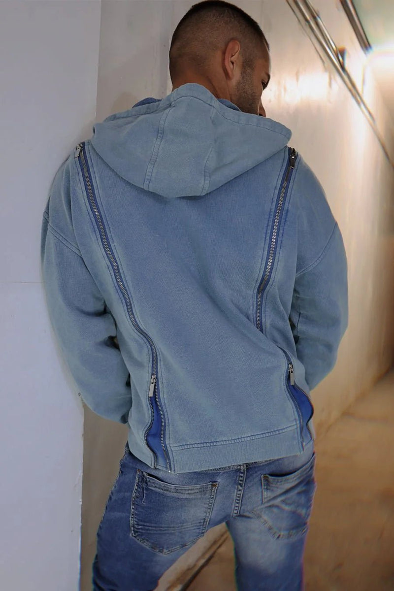 BREEDWELL Darkroom Hoodie Unique Zippers Heavy - Weight Knit Cotton Vest in Indigo10