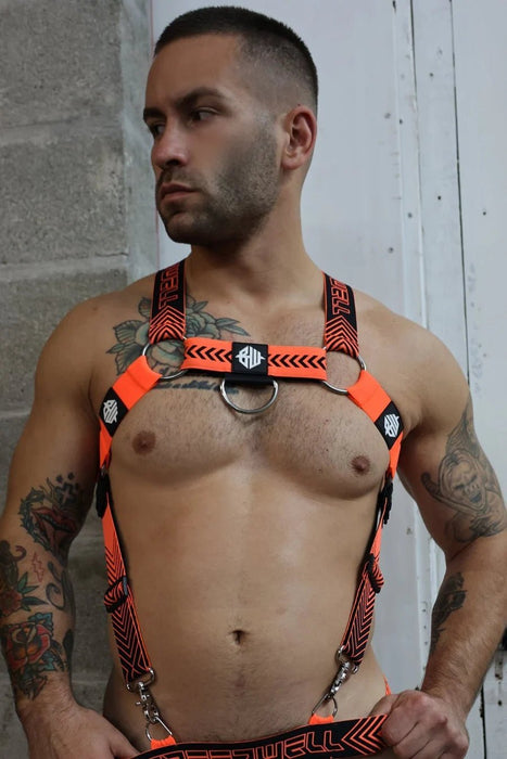 BREEDWELL Futura Body Harness Chevron Jacquard Removable Side Neon Orange - SexyMenUnderwear.com