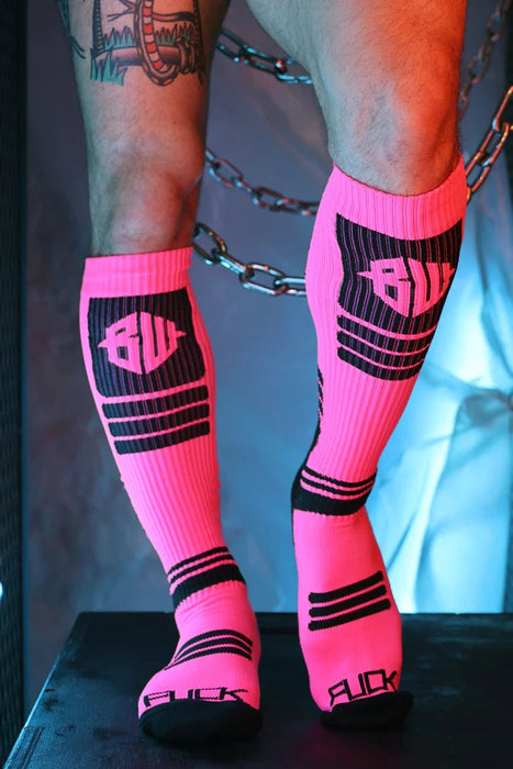 BREEDWELL Hypnotix Socks Knee - High Nylon Long Socks Neon Pink - SexyMenUnderwear.com