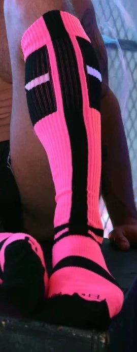 BREEDWELL Infinity Socks Ultra Luxurious Knee - High Sock Logo Stripes Neon Pink4