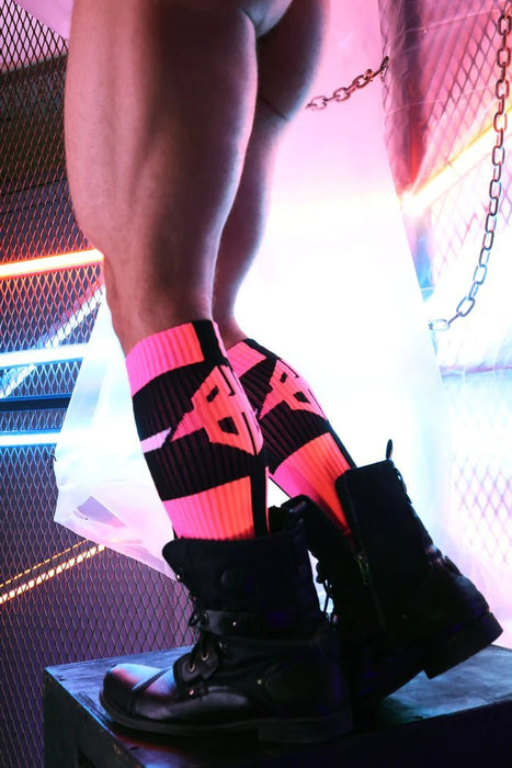 BREEDWELL Infinity Socks Ultra Luxurious Knee - High Sock Logo Stripes Neon Pink - SexyMenUnderwear.com