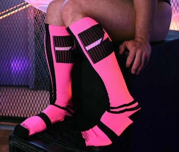 BREEDWELL Infinity Socks Ultra Luxurious Knee - High Sock Logo Stripes Neon Pink - SexyMenUnderwear.com