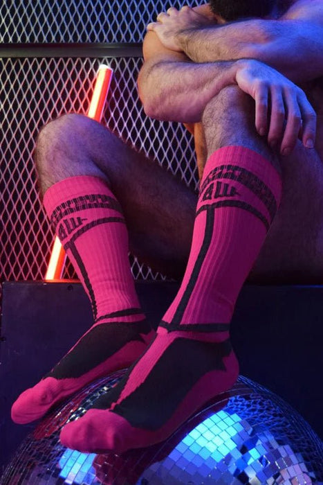 BREEDWELL Knee Socks HYBRED Bold Lined Angled Sock Neon Pink 29 - SexyMenUnderwear.com