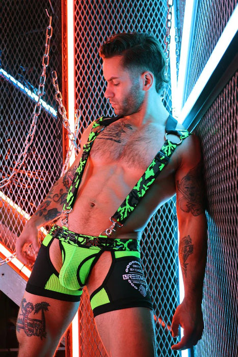 BREEDWELL Neo Camo 3 - Way Harness Removable Back & Lobster Claw Clip Neon Green - SexyMenUnderwear.com