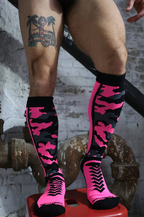 BREEDWELL Neo - Camo Socks Chevron Knee High Long Sock Neon Pink - SexyMenUnderwear.com