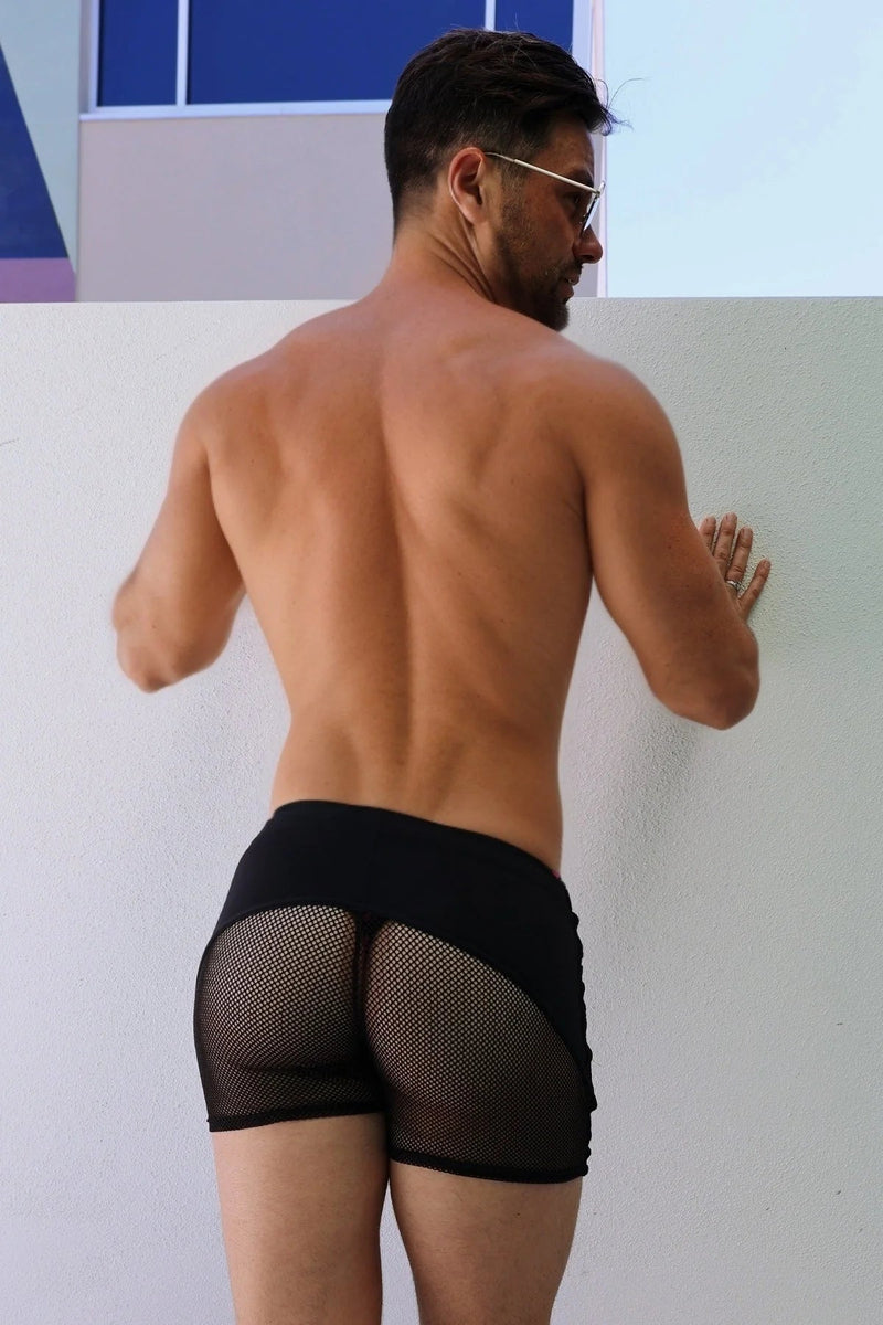 BREEDWELL Tanning Booty Breathers Shorts Mesh Front & Back Panels in Sheer Black 226