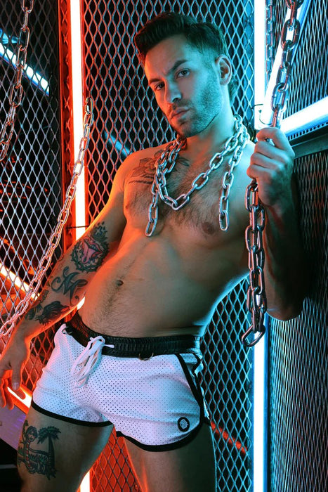 BREEDWELL Transistor Shorts Perforated Vegan Leather Short in White 31 - SexyMenUnderwear.com