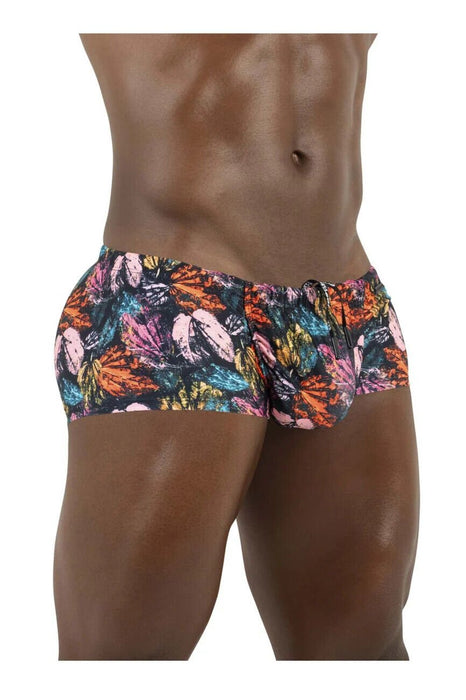 ErgoWear Swimwear FEEL Swim Trunks 3 - D Pouch Drawstring Pink Leaves 1696 - SexyMenUnderwear.com