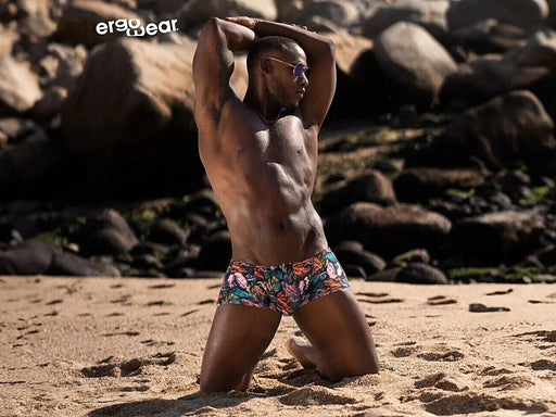 ErgoWear Swimwear FEEL Swim Trunks 3 - D Pouch Drawstring Pink Leaves 1696 - SexyMenUnderwear.com