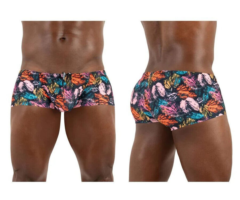 ErgoWear Swimwear FEEL Swim Trunks 3 - D Pouch Drawstring Pink Leaves 1696 - SexyMenUnderwear.com