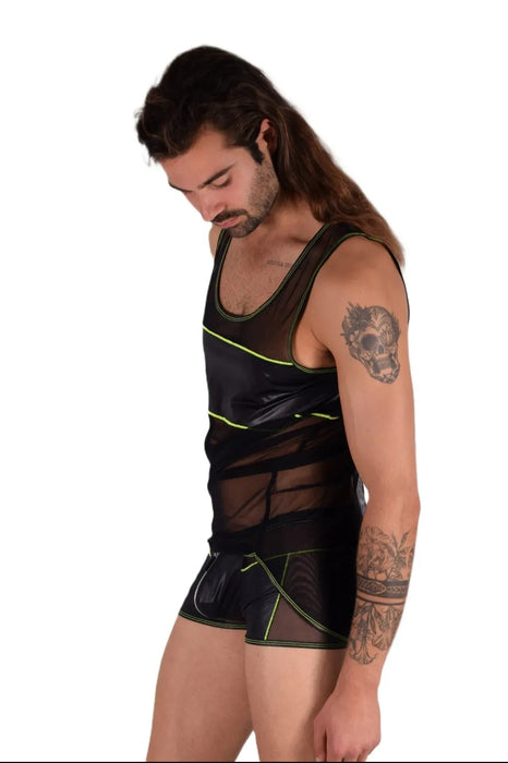 Kit Gregg Homme L Tank Top & M Boxer Front Zip Black/Neon Green 33656 MX14 - SexyMenUnderwear.com