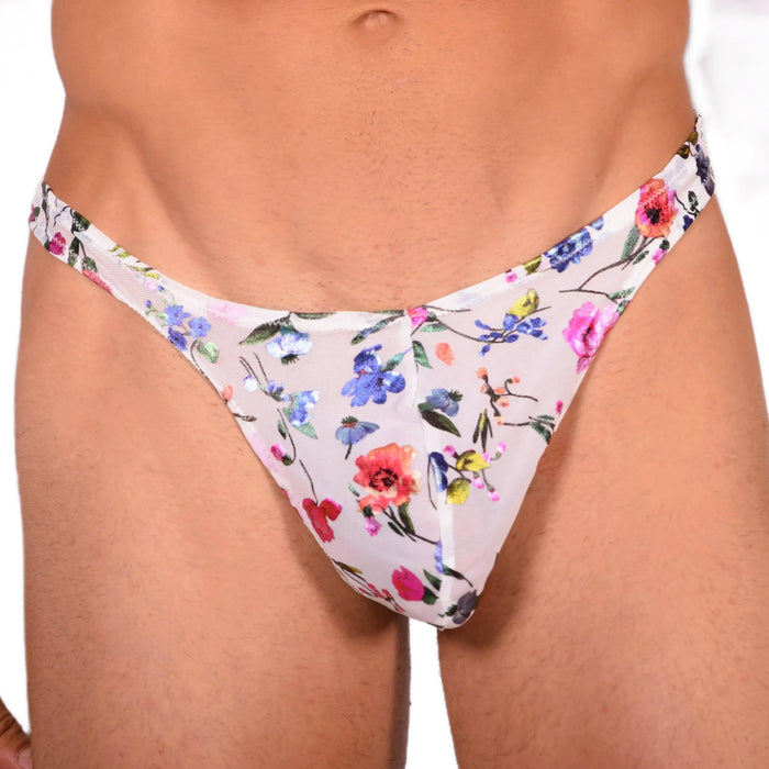 L SMU Sensual Thong Floral Explosion White 33595 MX14 - SexyMenUnderwear.com