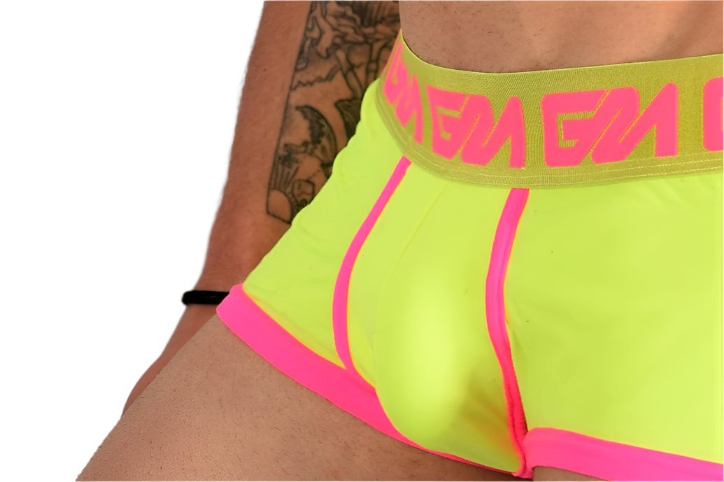 Large Garcon Model Boxer Trunk Neon Yellow Pink 3 - SexyMenUnderwear.com