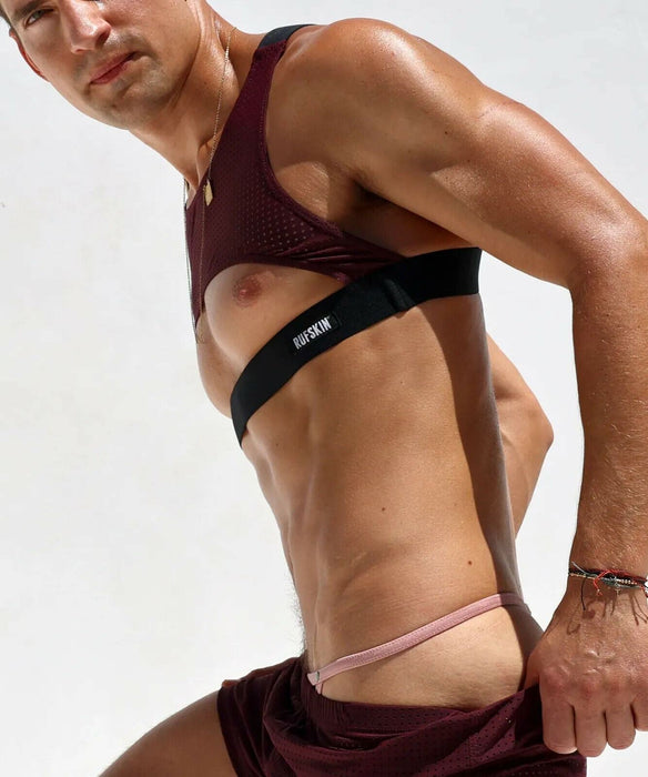 Large RUFSKIN Harness VITOR Slightly See Through Perforated Nylon MAHOGANY 61 - SexyMenUnderwear.com