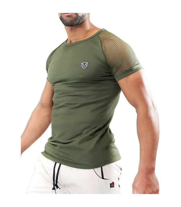 LARGE TOF PARIS T-Shirt Davio Round Neck Lace Raglan Sleeves Shirt Khaki 19 - SexyMenUnderwear.com